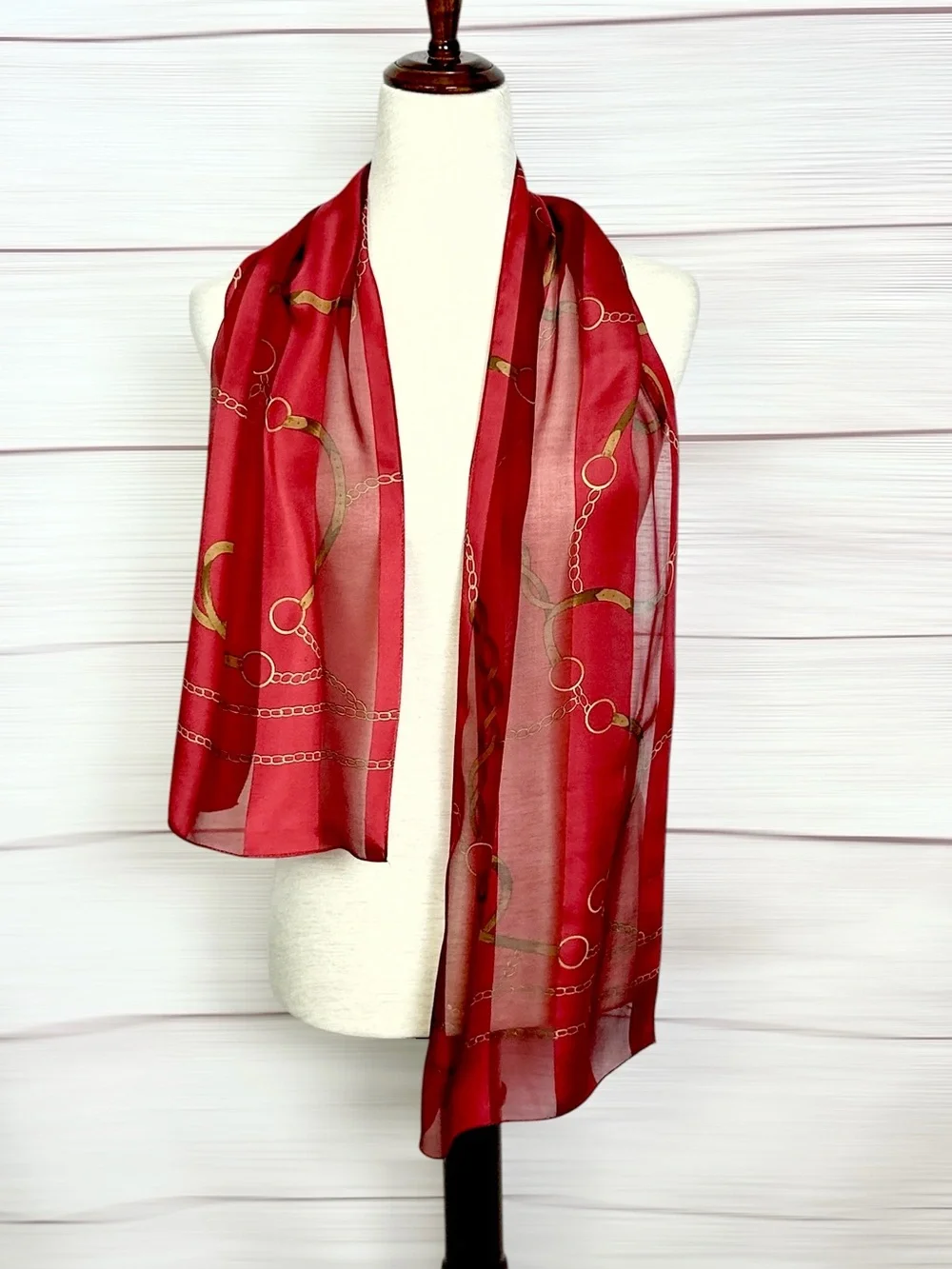 ECHO Silk Scarf Red Burgundy Equestrian Belt Chain Print Chiffon Satin